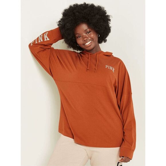 PINK Victorias Secret Orange Silver Glitter Varsity Long Sleeve Hoodie Shirt L N - Picture 8 of 10